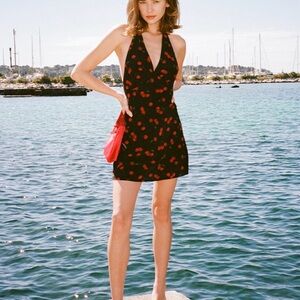 REALISATION PAR XS Leila Dress: Black Halter Mini Dress with Red Cherry Print